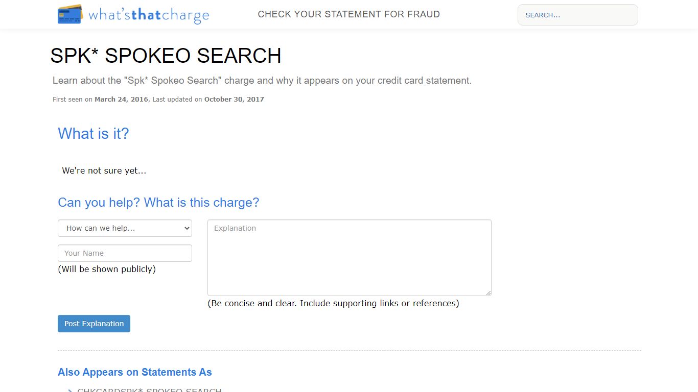 SPK* SPOKEO SEARCH - What's That Charge